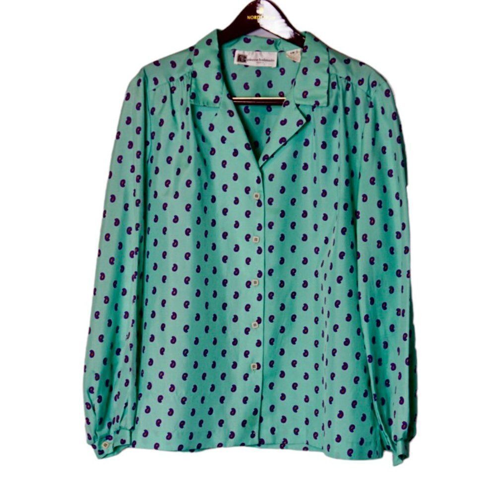 Pierre Balmain Paris Vintage Green Paisley Button Down, Size 4